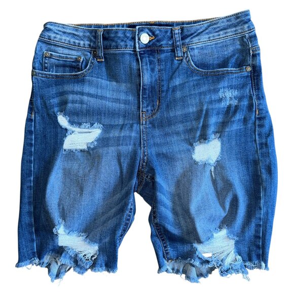 Indigo Rein High Rise Distressed Torn Raw Hem Stretch Denim Jean Shorts Size 9 - Picture 1 of 8